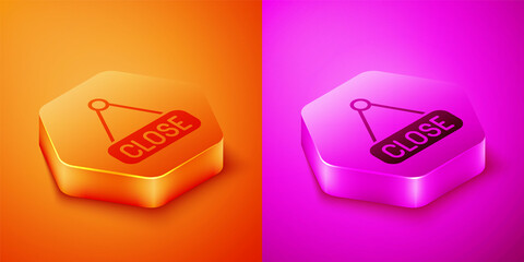Poster - Isometric Hanging sign with text Closed icon isolated on orange and pink background. Business theme for cafe or restaurant. Hexagon button. Vector