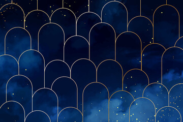Wall Mural - magic night dark blue sky with sparkling stars. gold glitter powder splash vector background