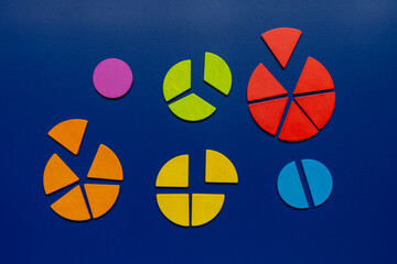 Wall Mural - Multicolored fractions, chart on a blue background. Close up parts of math fractions. Back to school, fun study, mathematics. Background with circles