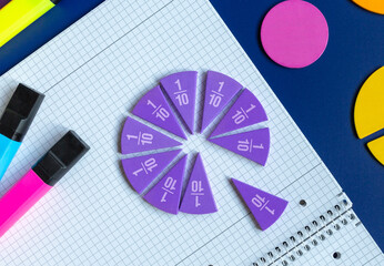 Wall Mural - Close up violet pie chart, fractions, open notepad on blue background. Back to school. Mathematics, fun games, formulas