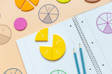 Wall Mural - Open notepad, fractions, chart, pencils on a beige background. Close up parts of yellow math fractions. Back to school, fun study, mathematics