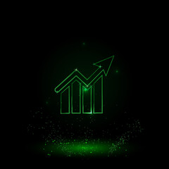 Poster - A large green outline chart up symbol on the center. Green Neon style. Neon color with shiny stars. Vector illustration on black background