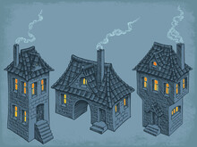 Old Houses With Smoking Chimneys In The Evening. Design Set. Editable Hand Drawn Illustration. Vector Vintage Engraving. 8 EPS