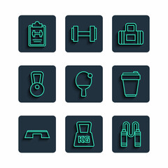 Canvas Print - Set line Step platform, Weight, Jump rope, Sport bag, Racket and ball, Kettlebell, training program and Fitness shaker icon. Vector