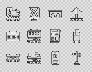 Poster - Set line Cargo train wagon, Train traffic light, Bridge for, Vintage locomotive, Passenger cars, E-ticket and Suitcase icon. Vector