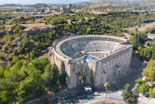 Amphitheater Of Aspendos. Turkey. Ruins Of An Ancient City With An Amphitheater. Shooting From A Drone
