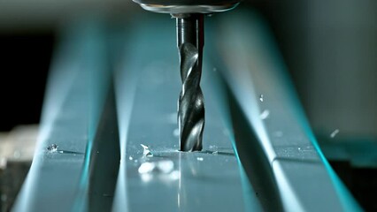 Wall Mural - Super slow motion of detail of a drill bit drilling into aluminium pipe. Filmed on high speed cinema camera, 1000 fps.