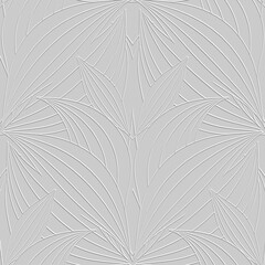 Wall Mural - Textured floral line art 3d seamless pattern. Ornamental relief striped background. Repeat embossed floral white backdrop. Surface abstract lines flowers, leaves. 3d hand drawn leafy grunge ornaments