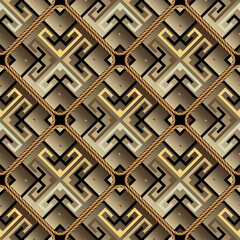 Wall Mural - Textured traditional greek 3d seamless pattern. Gold ornamental vector background. Patterned repeat backdrop. Geometric rhombus ornaments with ropes frames. Modern beautiful design. Surface texture