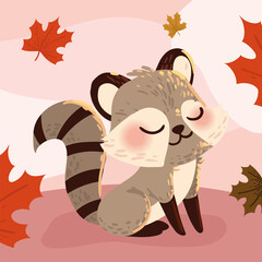 Sticker - cute raccoon and autumn leaves