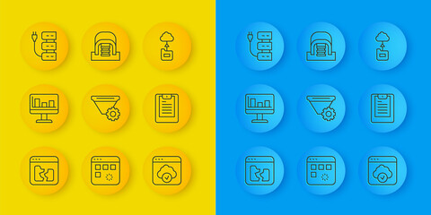 Poster - Set line Broken file, Monitor with graph chart, Filter setting, Cloud technology data transfer, Server, Data report, and Hangar servers icon. Vector