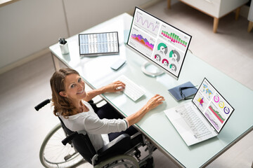 Poster - Happy Businesswoman At Workplace Using Keyboard