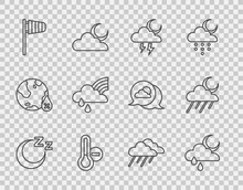 Set Line Time To Sleep, Cloud With Rain And Moon, Storm, Meteorology Thermometer, Cone Windsock Wind Vane, Rainbow Cloud, And Icon. Vector