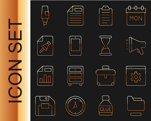 Poster - Set line Document folder, Browser setting, Megaphone, To do list or planning, Mobile, Note paper with push button, Marker pen and Old hourglass icon. Vector