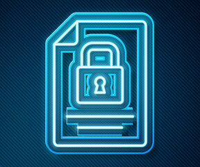 Aufkleber - Glowing neon line Document and lock icon isolated on blue background. File format and padlock. Security, safety, protection concept. Vector