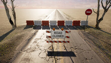 Road Closed Sign In A Desert Road, 3D Illustration.