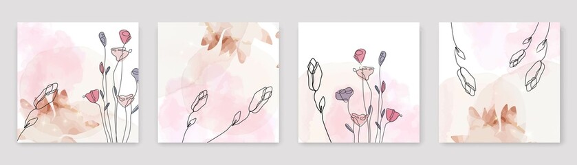 Wall Mural - Floral Cards Set. Flowers and Leaves Branch Vector Hand Drawn Line Art Drawing Set. Minimalist Contemporary Design, Perfect for Wall Art, Prints, Social Media, Posters, Invitations, Branding Design.