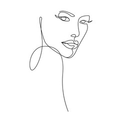 Wall Mural - Woman Face Modern Continuous One Line Drawing. Female Art Print Line Drawing Sketch Illustration. Woman Face Modern Print. Minimalist Female Contour Art Design. Vector EPS 10.