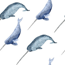 Hand Drawn Watercolor Seamless Pattern With Narwhal. Sea Ocean Marine Animal, Nautical Underwater Endangered Mammal Species. Blue Gray Illustration For Fabric Nursery Decor, Under The Sea Prints.