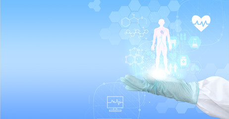 Poster - Electronic medical records, digital healthcare, and network connections on holographic interface, science and innovation, medical technology, and network concepts are held by medical doctors.