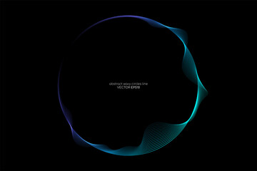 Poster - Vector abstract circle frame with wave lines pattern flowing in blue green colors isolated on black background in concept of music, technology, ai