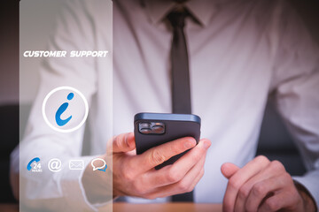 Poster - businessman holding smartphone to contact the customer support