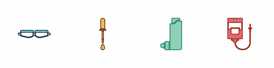 Poster - Set Safety goggle glasses, Pipette, Inhaler and IV bag icon. Vector