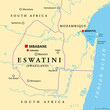 Eswatini, formerly named Swaziland, political map, with the capitals Mbabane (executive) and Lobamba (legislative). Landlocked country in Southern Africa, bordered by Mozambique and and South Africa.