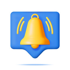 Poster - 3D Notification Bubble with Bell Icon. Golden Render Ringing Bell. Gold School Bell and Chat Cloud Mockup. Alert and Alarm Symbol. Social Media Network Notification Reminder. Vector Illustration