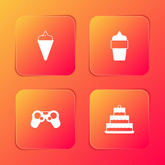 Poster - Set Ice cream in waffle cone, , Gamepad and Cake with burning candles icon. Vector