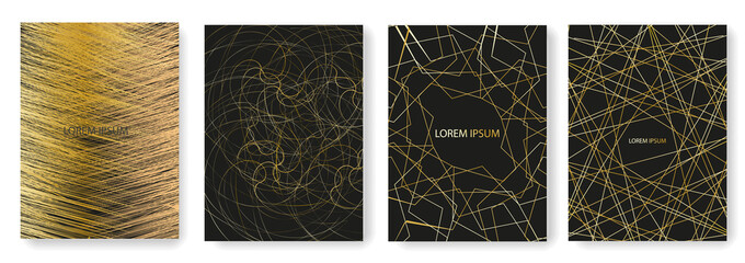 Set collection of black backgrounds with gold elements of threads and lines