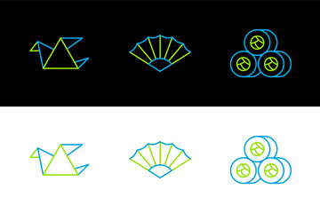 Wall Mural - Set line Sushi, Origami bird and Paper chinese or japanese folding fan icon. Vector