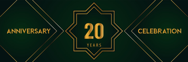 20 years anniversary celebration with gold number isolated on a dark green background. Premium design for marriage, graduation, birthday, brochure, poster, banner, and ceremony. Anniversary logo.