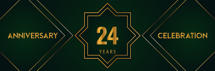 24 years anniversary celebration with gold number isolated on a dark green background. Premium design for marriage, graduation, birthday, brochure, poster, banner, and ceremony. Anniversary logo.