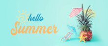 Image With Ripe Pineapple With Parasol And Beach Chair Over Blue Background. Summer Holidays And Tropical Theme