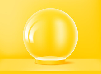 Aufkleber - Yellow showcase with transparent glass sphere. 3d vector presentation mockup