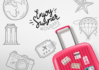 Poster - Enjoy summer holidays concept. Suitcase with sketch illustrations