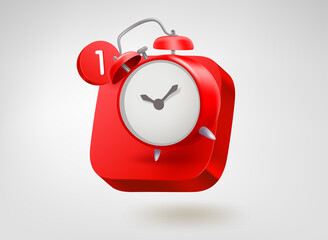 Poster - Red alarm clock button. 3d vector mobile application icon