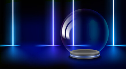Poster - Showcase with transparent glass sphere and neon glow. 3d vector presentation mockup