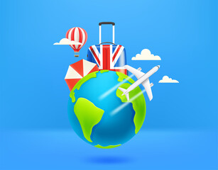 Poster - Around the world tour concept with the Earth, airplane and travel accessories. Vector 3d illustration