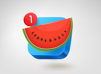 Poster - Red water melon on blue button with notification. 3d vector mobile application icon