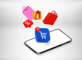 Aufkleber - Internet Shopping via modern smartphone. 3d vector concept