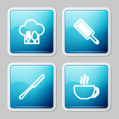 Wall Mural - Set line Chef hat with fork and spoon, Grater, Knife and Coffee cup icon. Vector