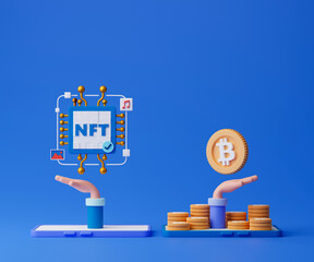 3d rendering NFT or non fungible token illustration. People buying and selling NFT with smartphone.