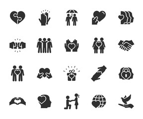 Wall Mural - Vector set of friendship and love flat icons. Contains icons friend, relationship, buddy, understanding, trust, help, dove of peace, care and more. Pixel perfect.