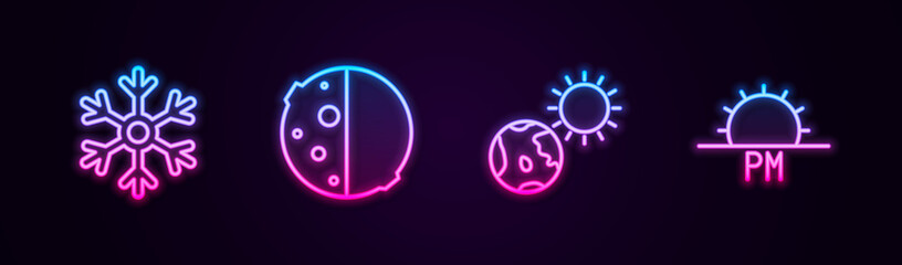 Sticker - Set line Snowflake, Eclipse of the sun, Earth globe and and Sunset. Glowing neon icon. Vector