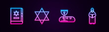 Set Line Jewish Torah Book, Star Of David, First Communion Symbols And Monk. Glowing Neon Icon. Vector
