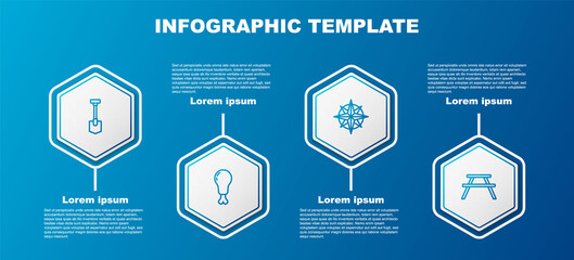 Sticker - Set line Shovel, Chicken leg, Wind rose and Picnic table with benches. Business infographic template. Vector