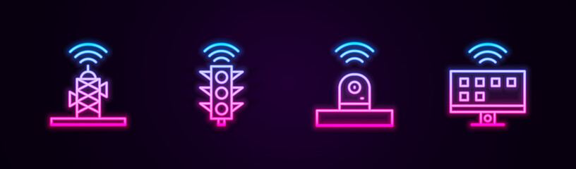 Sticker - Set line Wireless antenna, Smart traffic light, security camera and Tv system. Glowing neon icon. Vector