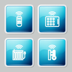 Sticker - Set line Smart remote control, Wireless tablet, heating radiator and thermometer icon. Vector